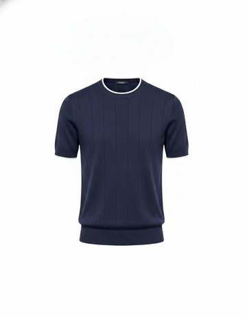 Ribbed Crewneck Knit T-Shirt Blue — Navy