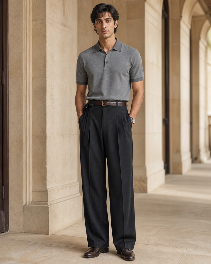 Tipped Knit Polo T-Shirt — Grey