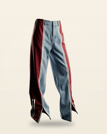 Denim Graphic Block Jeans Multicolor Contrast Panel — Red