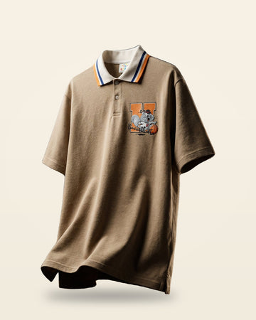Embroidered Collar Fit Tee Premium Cotton — Beige