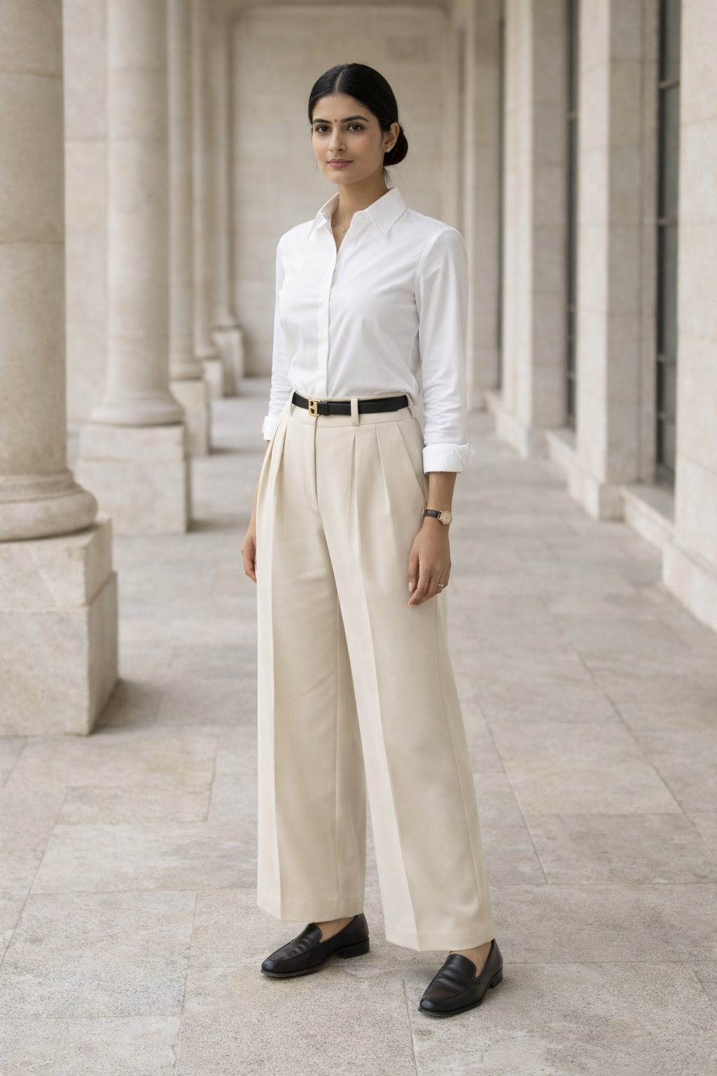 Front view of women's beige baggy fit trousers with pleated front and black belt on white background