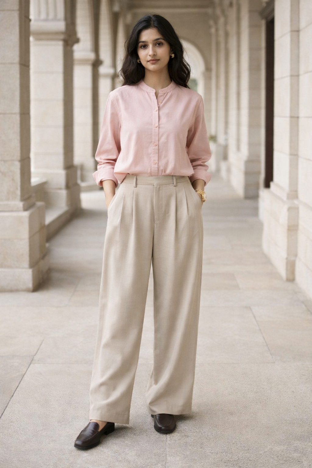 Pink women's top with mandarin collar, button-detail front placket, long sleeves and regular fit