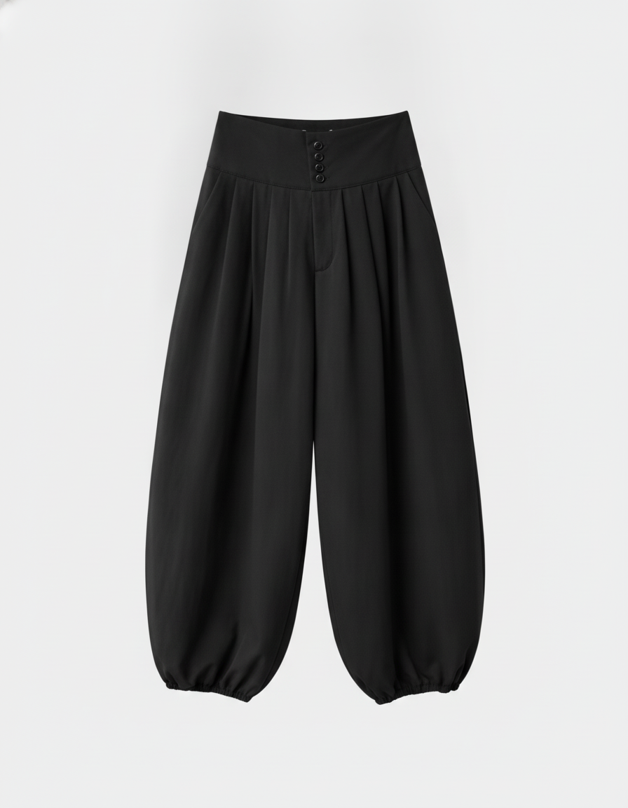 Black high-waist baggy trousers with button detailing on the waistband and elasticated hems
