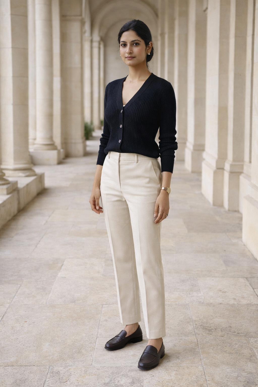 Black ribbed knit top with V-neck and button trim by SANKI for women