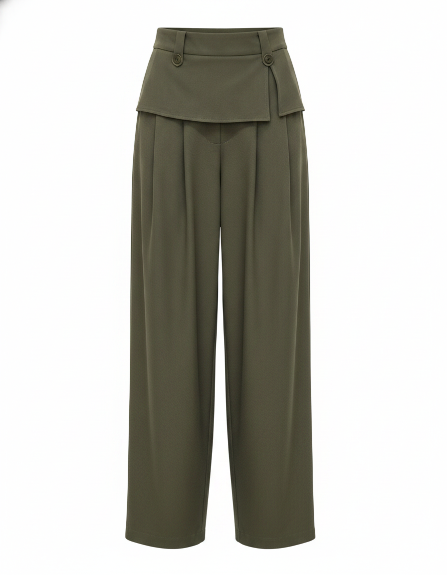 Green women's baggy trousers with buttoned flap waist detail front view