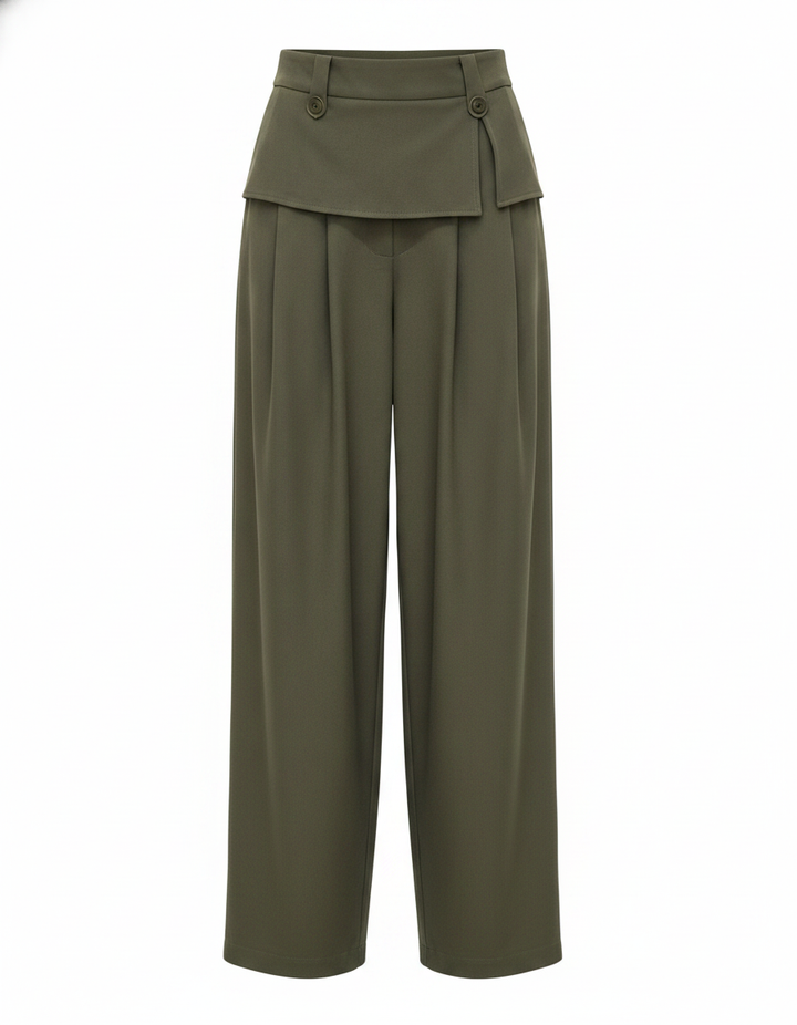 SANKI Green Baggy Trousers with Buttoned Flap Waist for Women