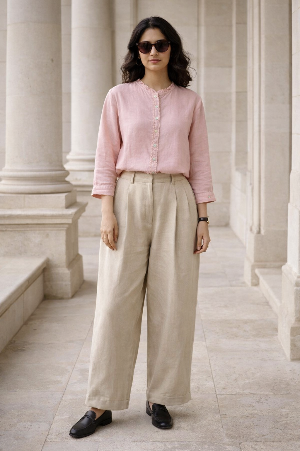 Pink blouse with button placket and ruffle trim neckline, three-quarter sleeves, regular fit on a woman