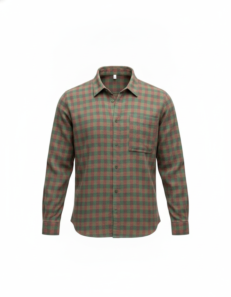 Green checked shirt with a classic collar and button trim down the front, worn by a woman with sleeves rolled up