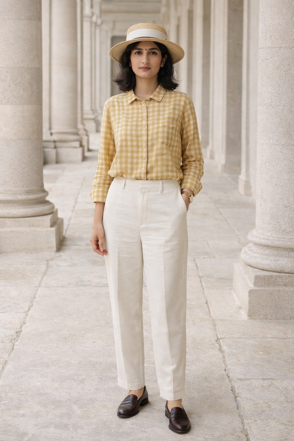 Yellow women's gingham shirt with button details, classic collar, and long sleeves