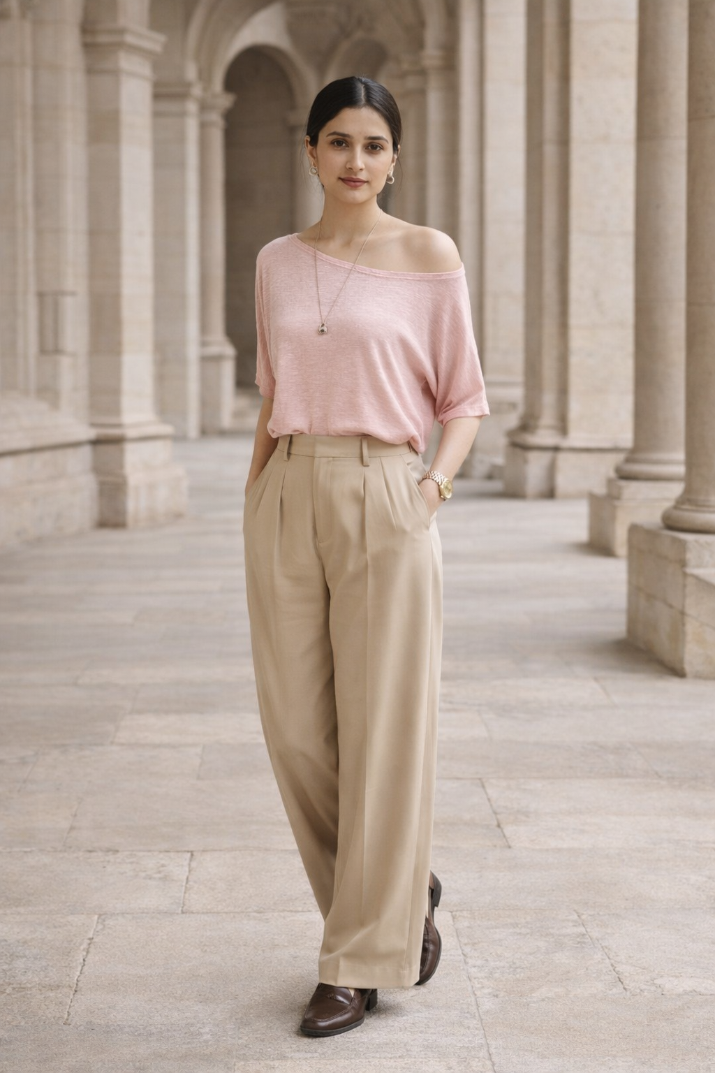 Women's pink regular fit top with asymmetric boat neckline and short sleeves