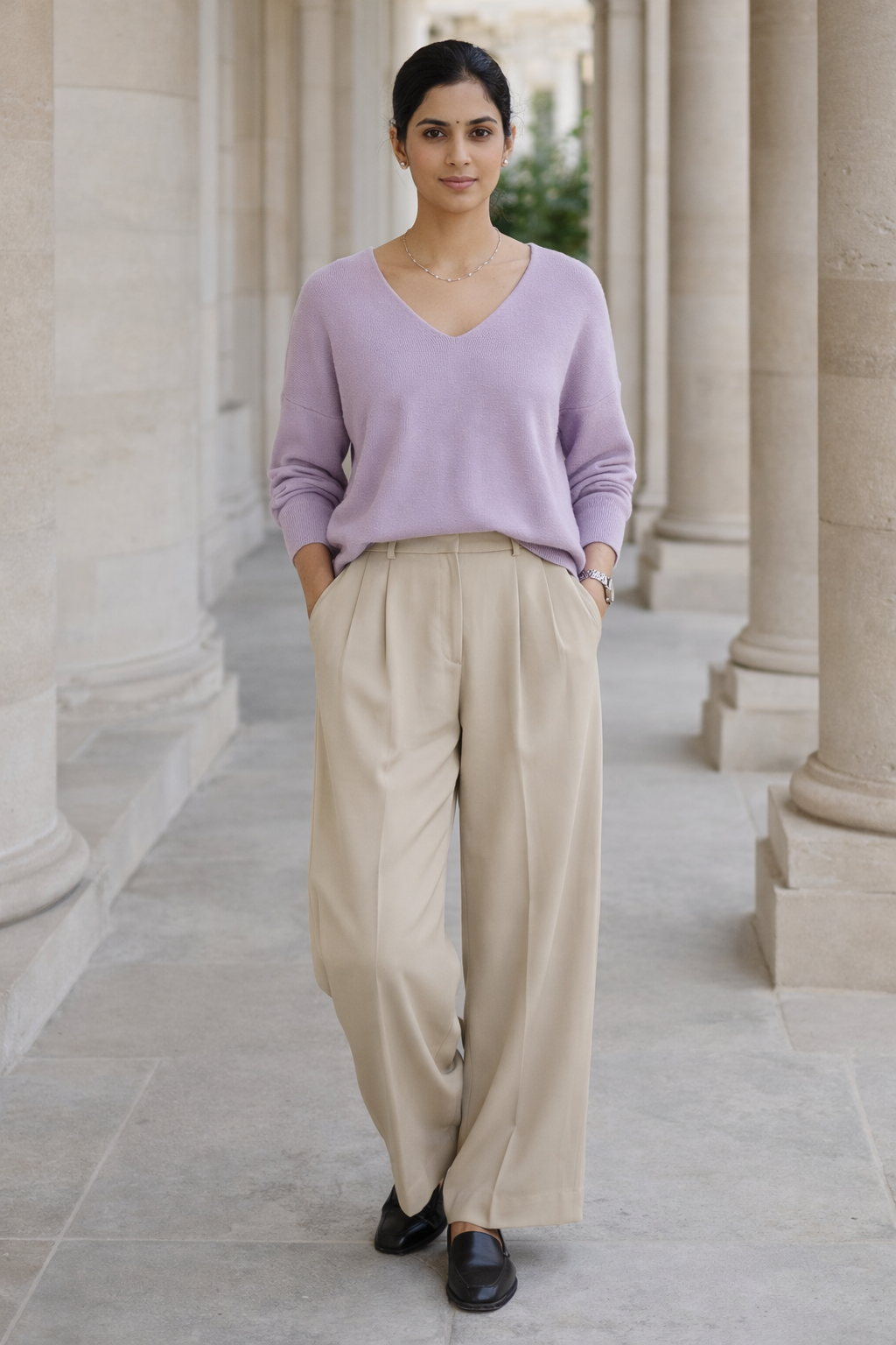 Purple long sleeve knit top with V-neckline hanging on wooden hanger