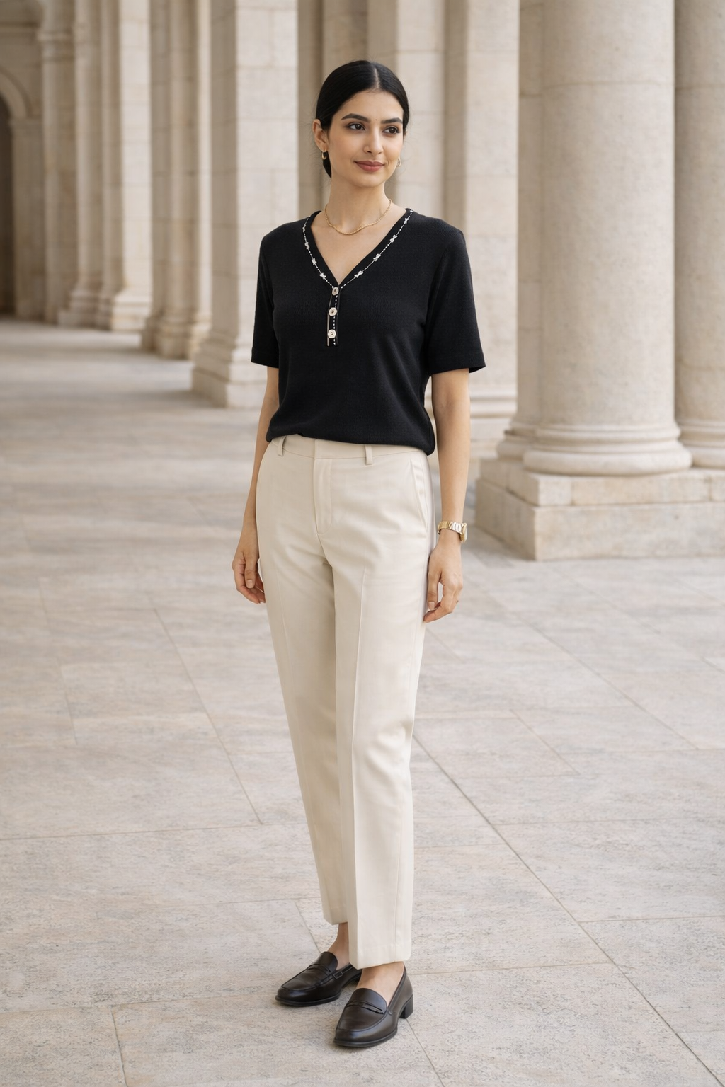 Black women's short sleeve top with V-neck, three white buttons on placket, and white decorative contrast stitching along neckline and placket