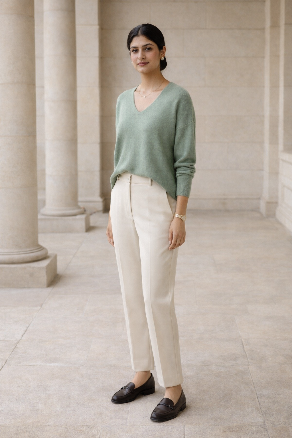 Green women's knit top with V-neckline and dropped shoulders hanging on a wooden hanger