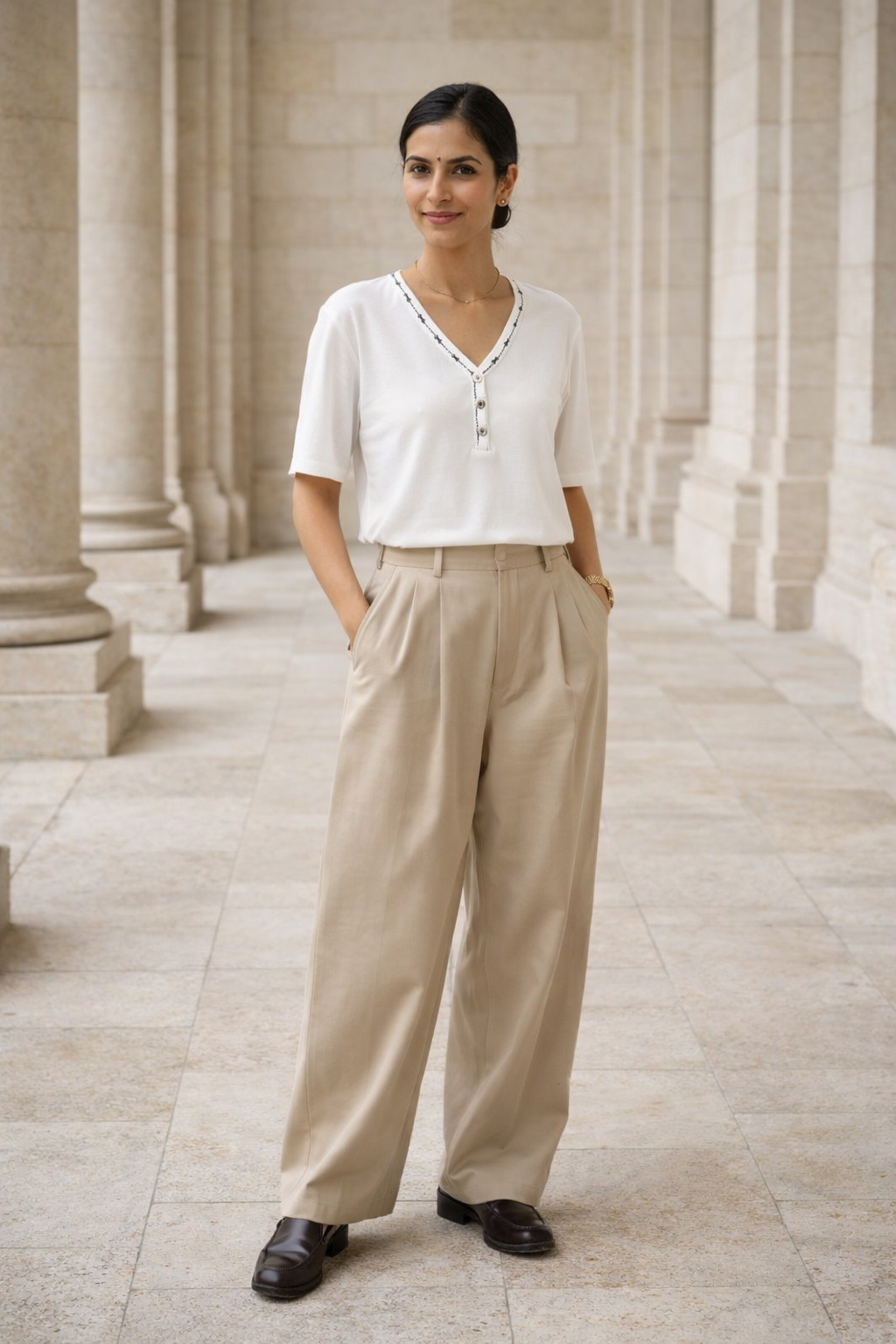 White women's short-sleeve top with V-neckline, three white buttons down front placket, and black stitched trim along neckline and placket