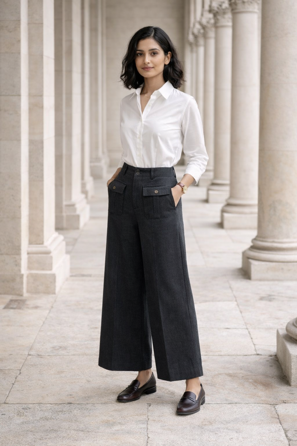 Black wide-leg trousers with front flap buttoned pockets and double-button waistband