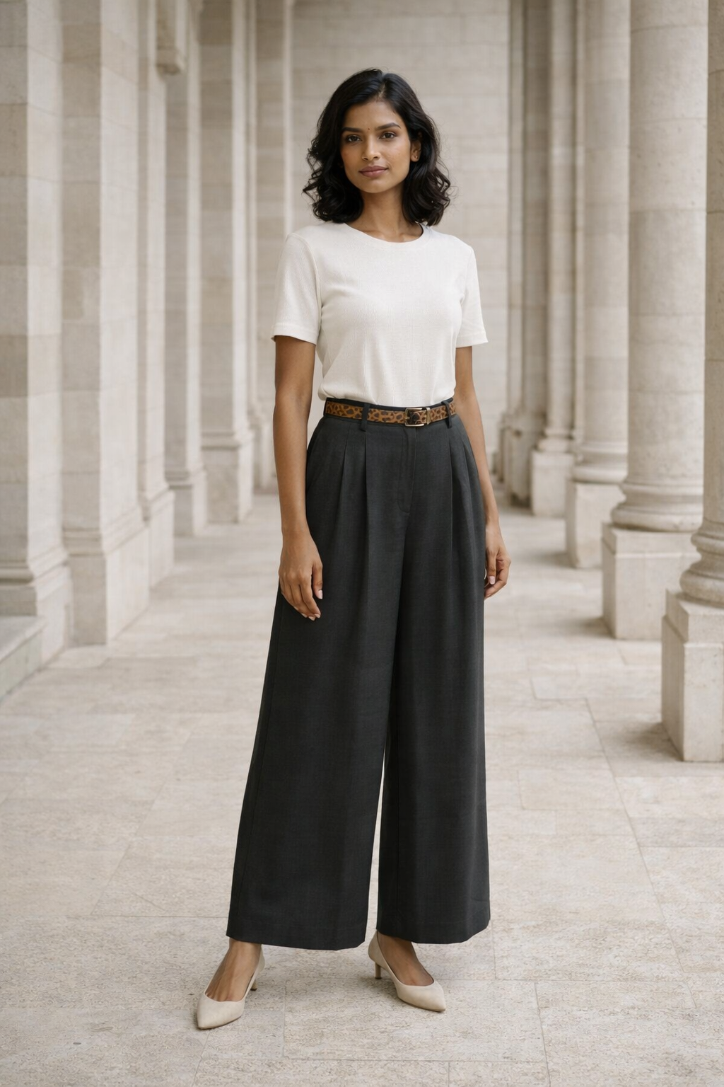 Grey women's baggy fit wide-leg trousers with pleats and leopard print belt
