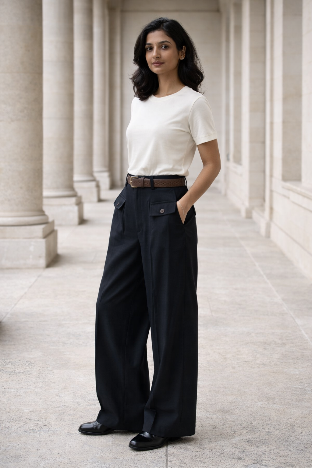 Blue baggy fit wide-leg trousers for women with flap pockets and a brown belt