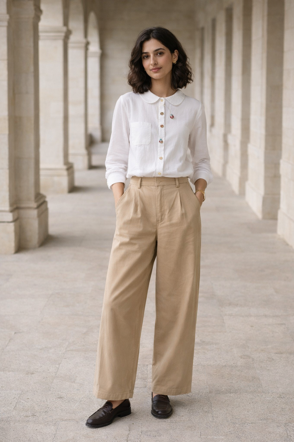 White oversized women's top with Peter Pan collar, button-detail front placket, long sleeves, and a chest pocket
