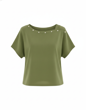 SANKI Green Regular Fit Button-Detail Crew-neck Top for Women