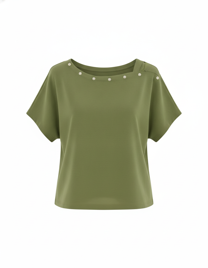SANKI Green Regular Fit Button-Detail Crew-neck Top for Women