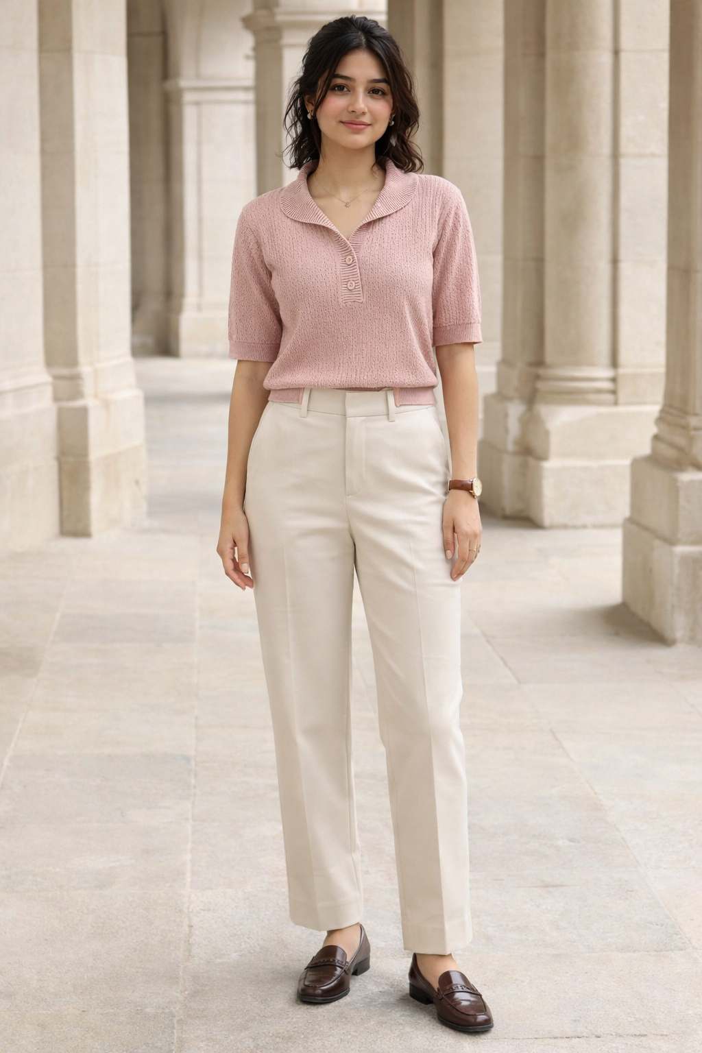 Women's pink knit top with shawl collar, two-button placket, short sleeves, and a regular fit