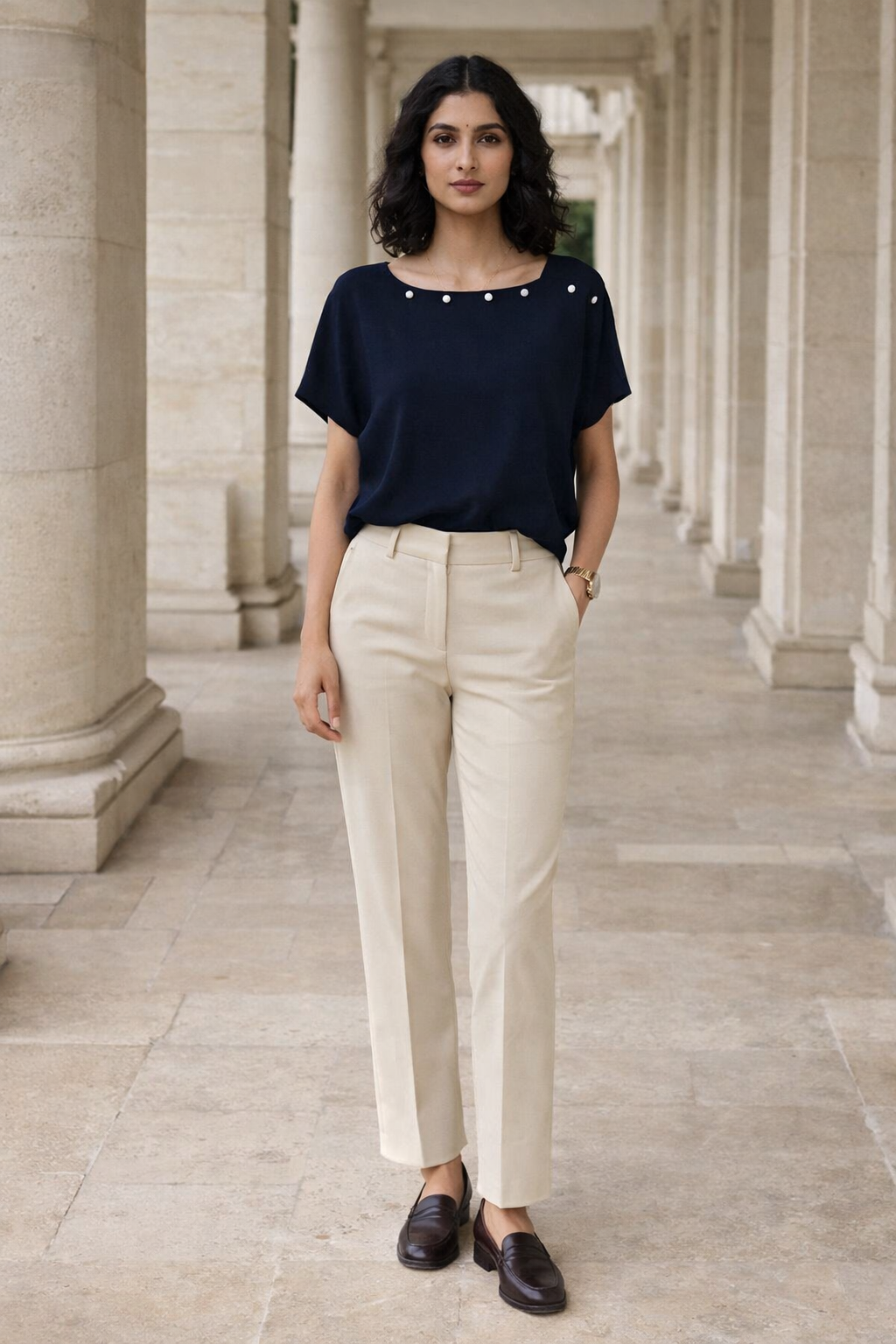 Black women's top with boat neckline and pearl accents along the neckline, short sleeves, regular fit by SANKI