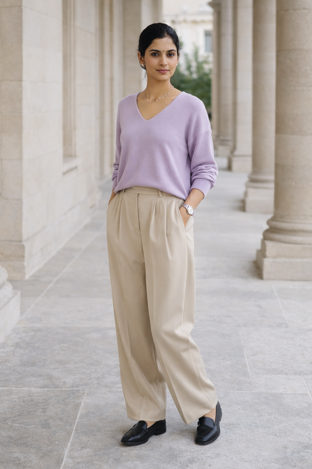 Purple long sleeve knit top with V-neckline hanging on wooden hanger