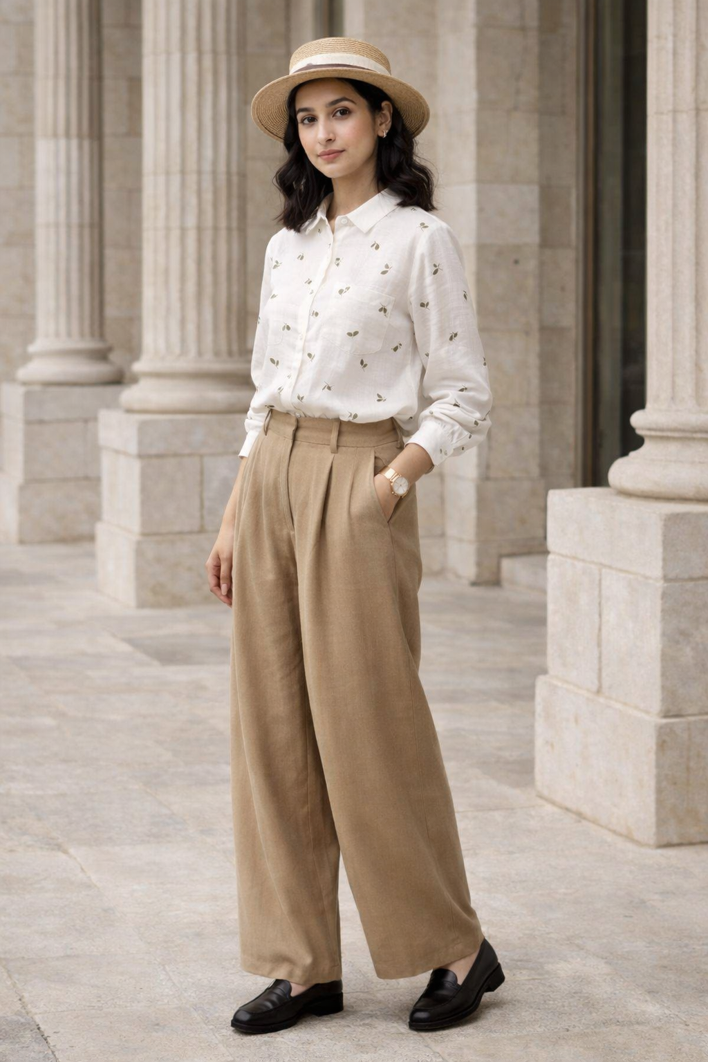 White women's shirt with classic collar and button-detail front, patterned with small green leaf motifs, worn with beige pants