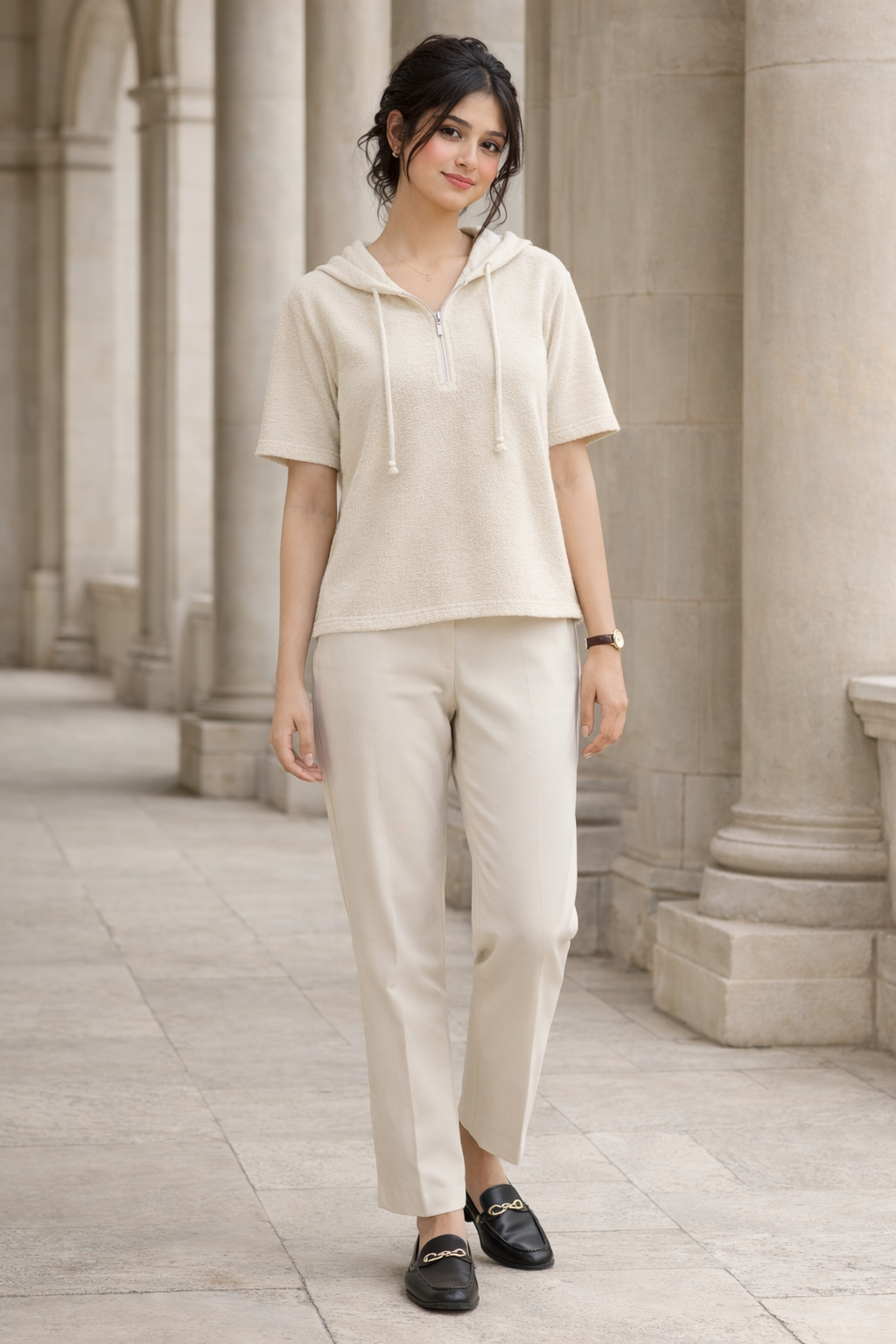 Cream oversized hooded knit top with short sleeves and zipper front worn by woman
