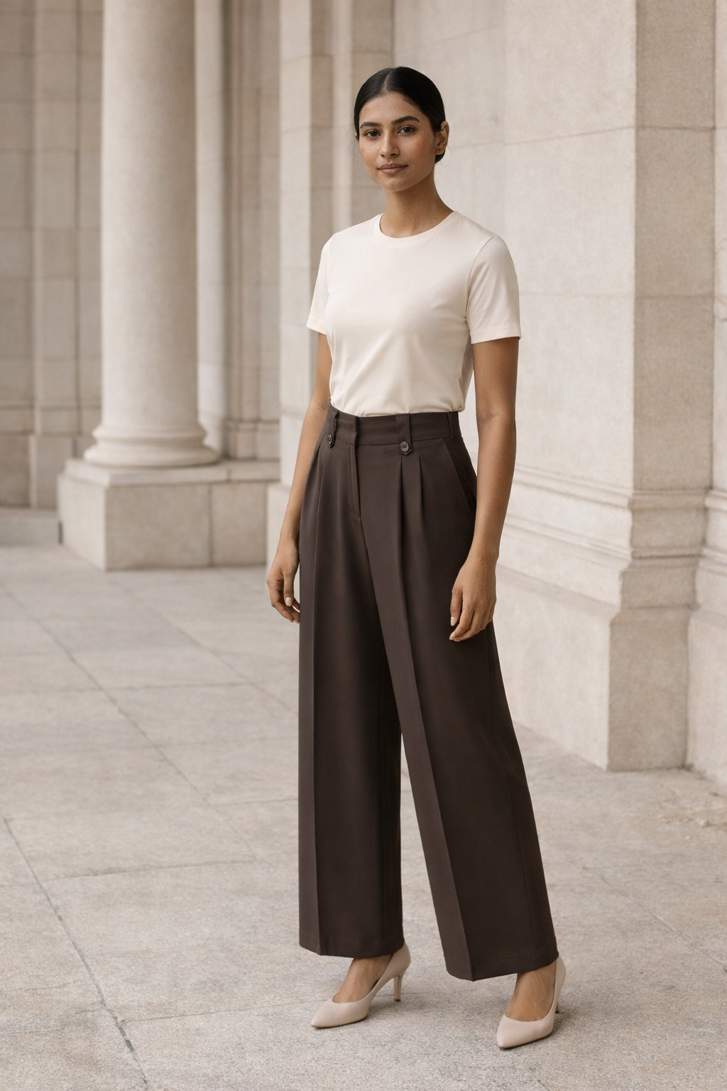 Women's brown wide-leg baggy trousers with buttoned waist tabs on front waistband