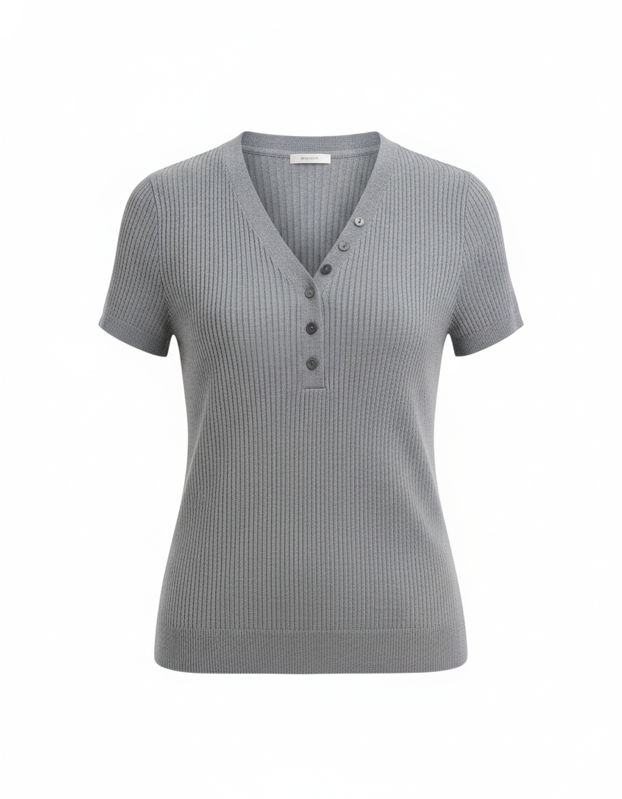 Grey women's knit top with ribbed texture, V-neckline and four button fastening down front, short sleeves