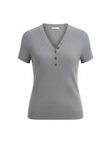 SANKI Grey Regular Fit Ribbed Knit With V-Neck And Buttons Top for Women