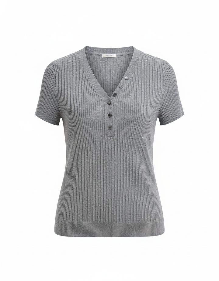 SANKI Grey Regular Fit Ribbed Knit With V-Neck And Buttons Top for Women