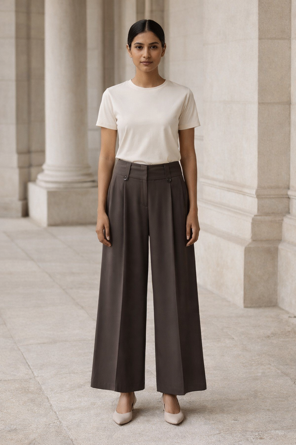 Women's brown wide-leg baggy trousers with buttoned waist tabs on front waistband
