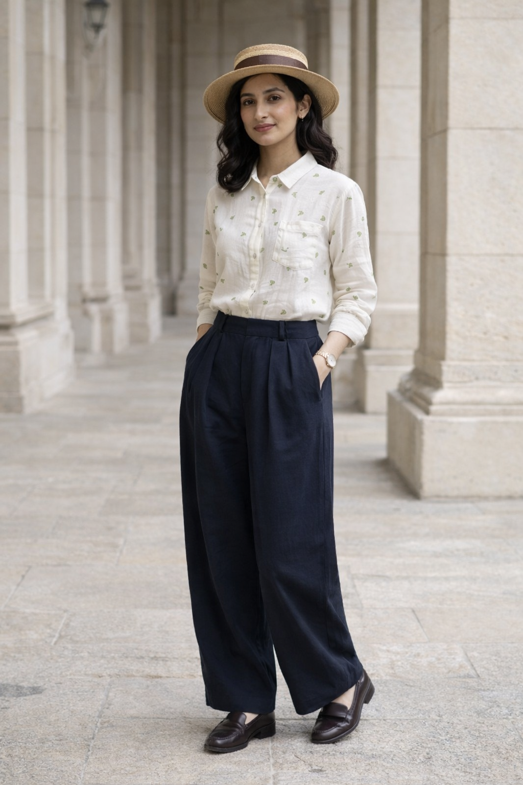 White women’s long sleeve shirt with collar and button placket, featuring subtle green leaf print all over and single chest pocket