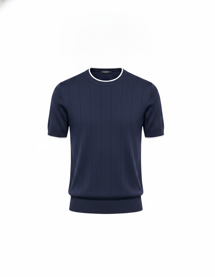 Ribbed Crewneck Knit T-Shirt Blue — Navy