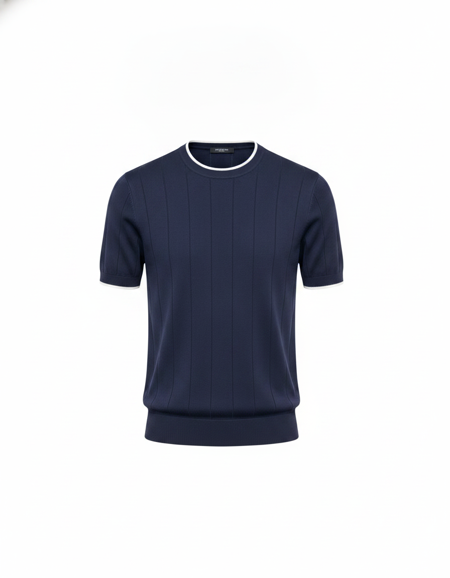 Ribbed Crewneck Knit T-Shirt Blue — Navy