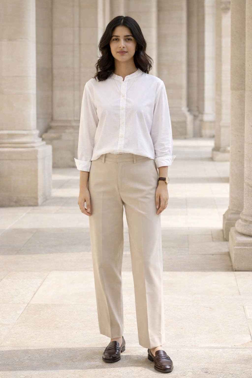 White women's regular fit shirt with mandarin collar and button placket, long sleeves rolled up to forearms