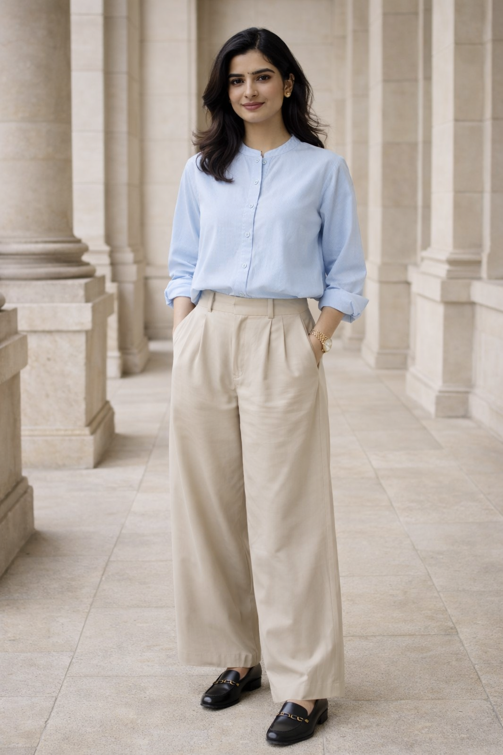Blue women’s regular fit top with mandarin collar and button placket, long sleeves rolled up