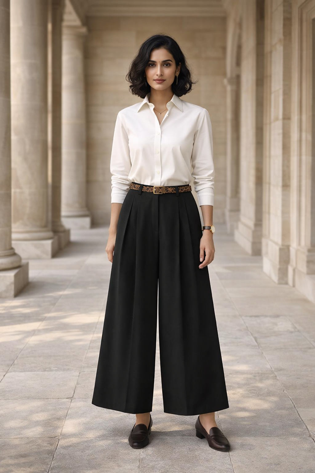 Black women's baggy fit trousers with wide leg silhouette and leopard print belt