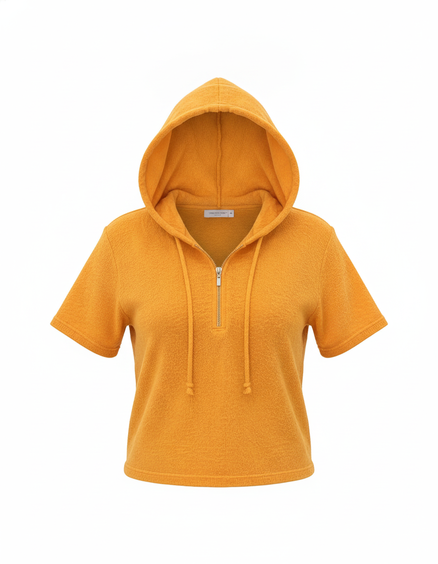 Orange oversized short sleeve hooded top with half-zip and drawstring hood worn by woman
