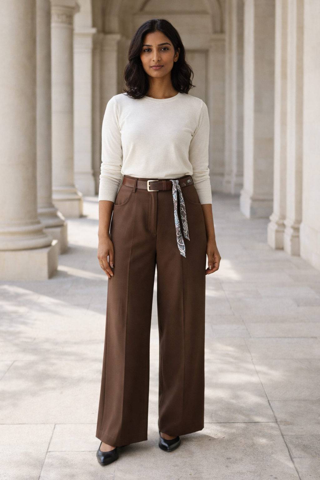 Brown women's baggy fit trousers with side pockets and patterned brown and grey belt
