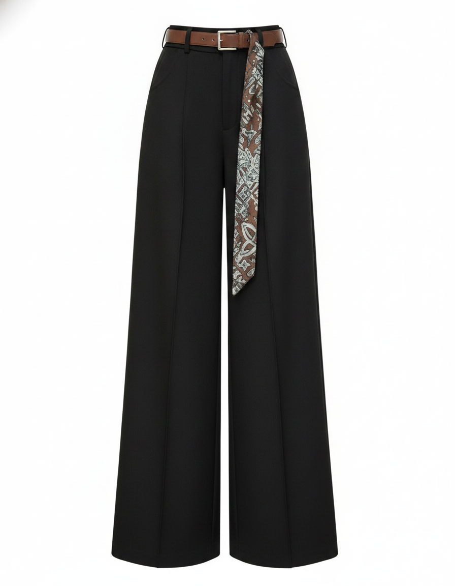 Black SANKI women's trousers with wide legs, belt and patterned scarf tied at waist
