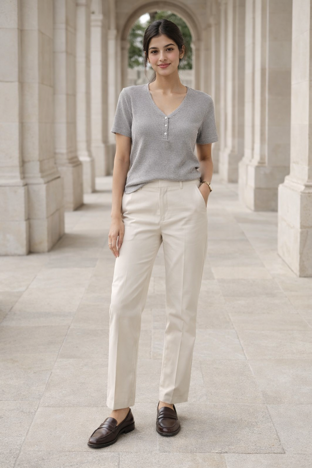 Grey ribbed knit top with henley neckline and short sleeves worn by woman