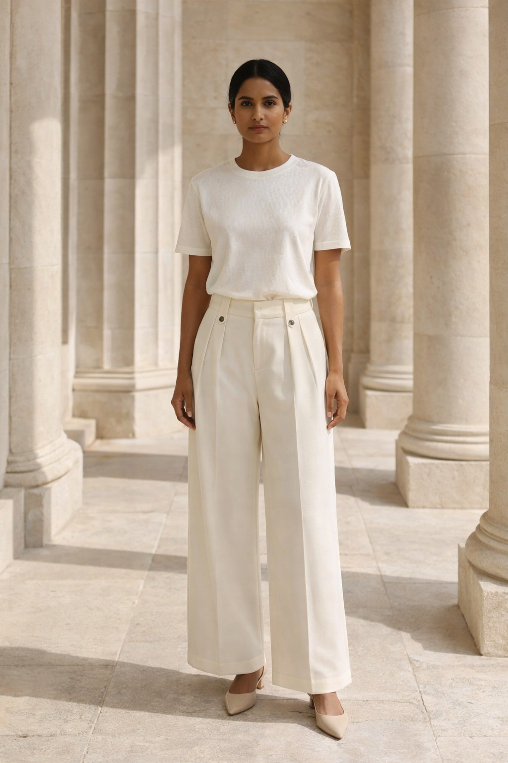 Beige wide-leg baggy trousers with pleated front and buttoned waistband detail