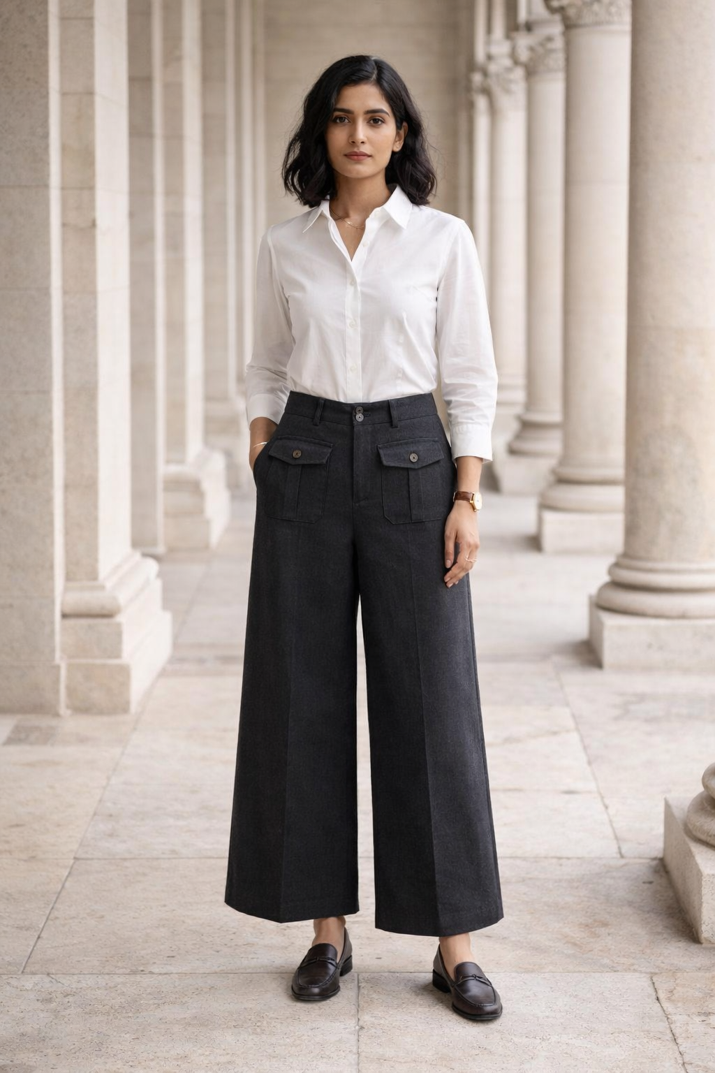 Black wide-leg trousers with front flap buttoned pockets and double-button waistband