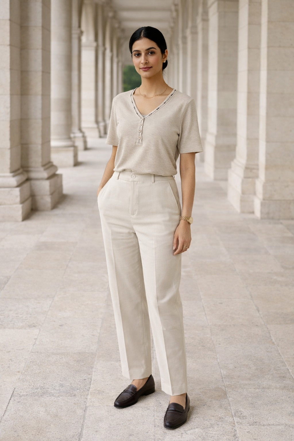 Beige women's top with V-neck and three buttons down front, black decorative stitch detail along neckline and placket