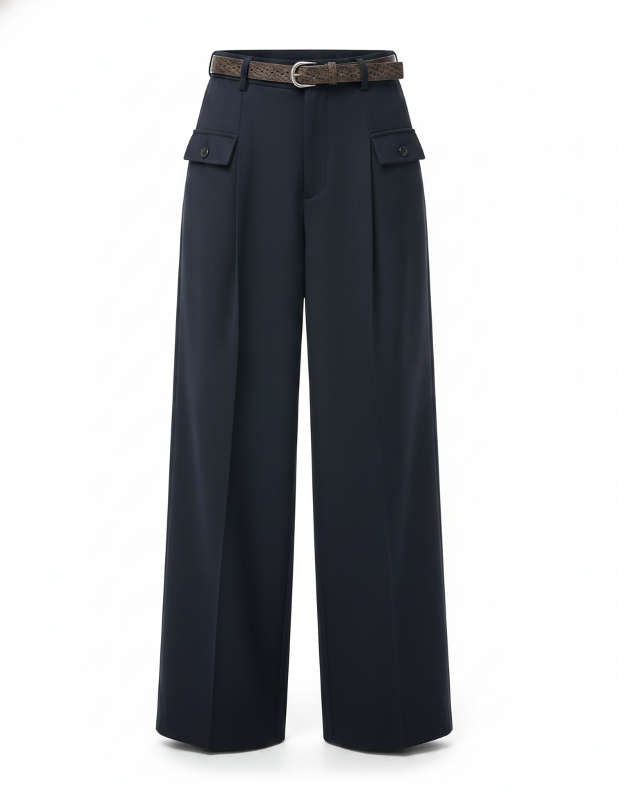 Blue baggy fit wide-leg trousers for women with flap pockets and a brown belt