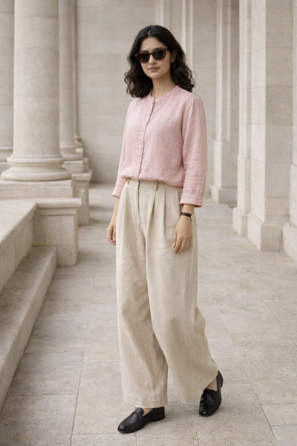 Pink blouse with button placket and ruffle trim neckline, three-quarter sleeves, regular fit on a woman