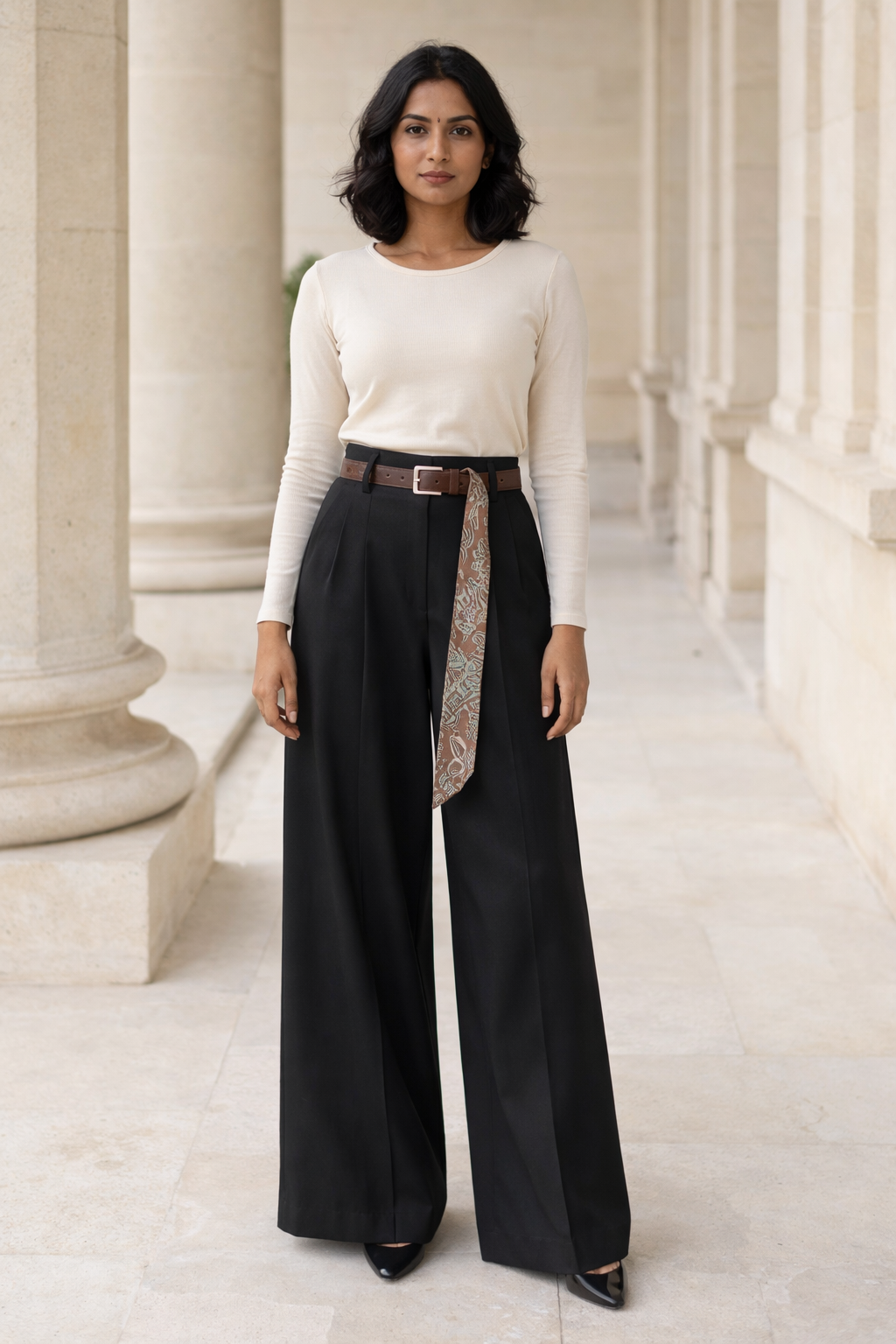 Black SANKI women's trousers with wide legs, belt and patterned scarf tied at waist